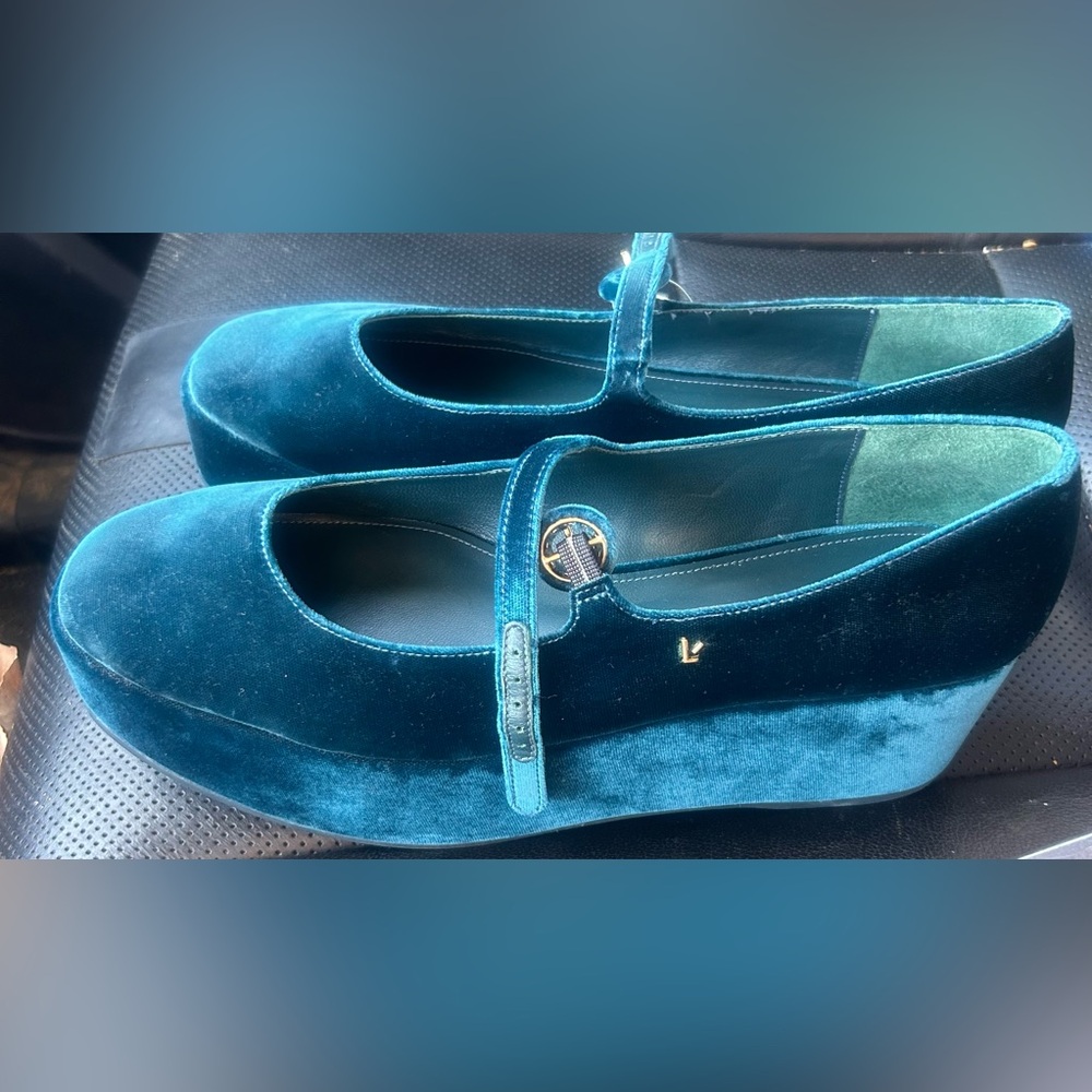Larroude Velvet Teal Platform Mary Jane Shoes - Women's